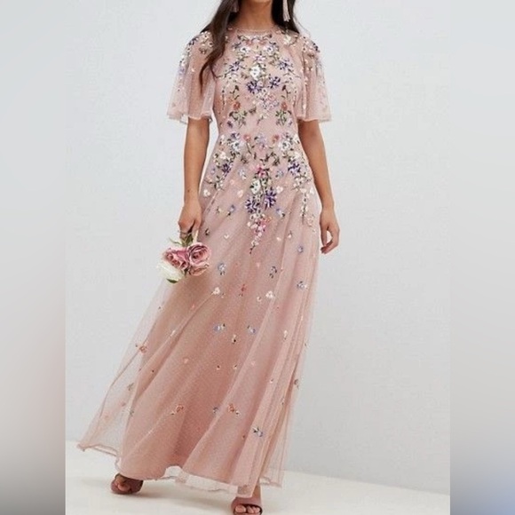ASOS FLORAL EMBROIDERED DOBBY MESH FLUTTER SLEEVE MAXI DRESS SHOP size 6 - Picture 1 of 13